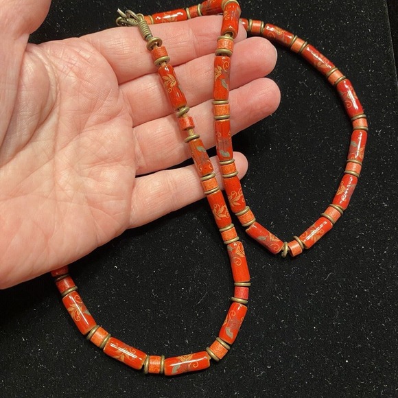 Mod Burnt Orange Beaded Necklace Stone Beads Boho Organic Single Loop Artisan - Picture 4 of 6